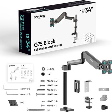 Кронштейн для монітора ONKRON G75-B, 13-34 дюйми, до 12 кг, VESA 100x100, чорний
