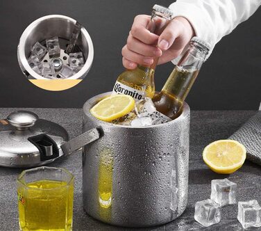 Контейнер для льоду з кришкою і щипцями, нержавіюча сталь 304, подвійна ізоляція, 1.3 л