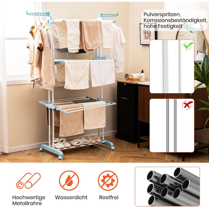 Сушарка для білизни GOPLUS 4-ярусна розкладна з 2 вішалками для одягу, 3 висувними полицями та полицею для взуття, з 4 колесами для використання в приміщенні та на вулиці (Синій колір)