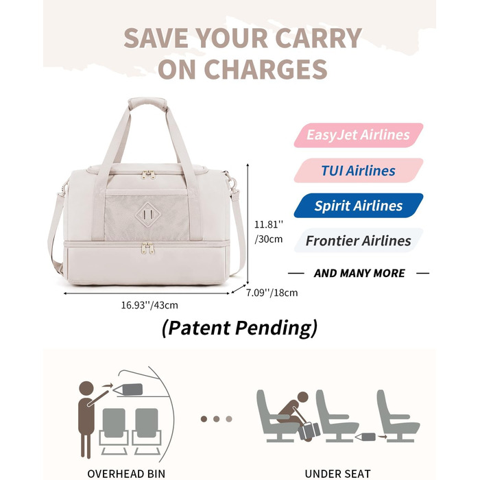 Спортивна сумка Wandf для ручної поклажі в літак (45x36x20 см) з відділенням для взуття та мокрих речей, бежева