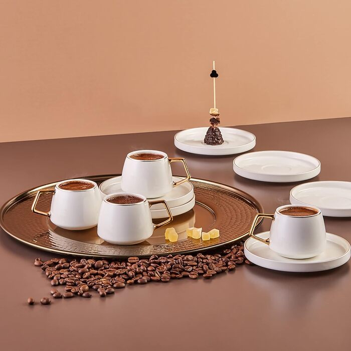 KARACA Saturn Gold Turkish Coffee Cups, Cappuccino Cups Set for 6 People, 12-Piece, White Gold, 6 Espresso Cups and 6 Saucers, Cappuccino Cups, Porcelain, Coffee Set