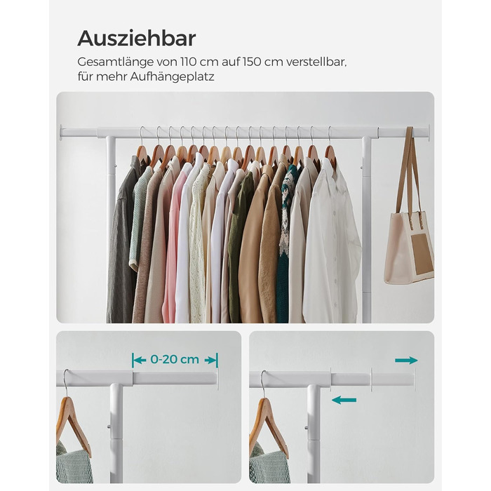 SONGMICS Clothes Rack with Wheels, Garment Rack, Heavy Duty, Extendable Clothes Rod, Holds up to 110 kg, 45 x (160-200) x 162.9 cm, Metal, Chrome, HSR176E01 ((110-150)B cm, Mattweiß)