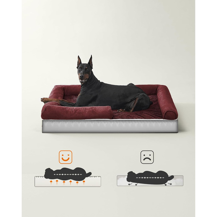 Feandrea Orthopedic Dog Bed, Dog Cushion, Dog Basket, Soft Padding, Dog Sofa, Raised Edges, Removable and Washable Cover, 91 x 71 x 20 cm, Non-Slip Bottom, PGW076G01 (L 120 x W 85 x H 20 cm, Berry Red)