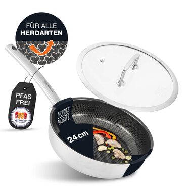Сковорода Moritz & Moritz антипригарна 28 см індукційна з керамічним покриттям та стільниковою структурою. Сковорода з нержавіючої сталі з високими бортами, підходить для всіх видів плит (з кришкою, Ø 24 см)
