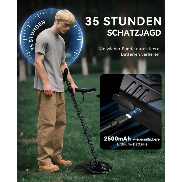 Металошукач SUNPOW для дорослих – водонепроникний, з лопатою, рюкзаком та навушниками, IP68, 11' Dual-D, 35h Li-Akku, 10 рівнів чутливості, 4 режими пошуку, 7-Metall ID, A-Schwarz