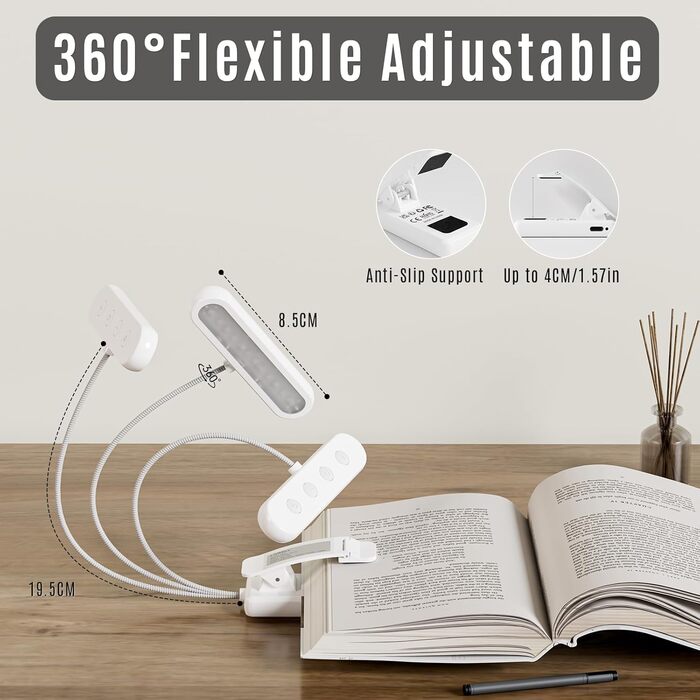 Ліхтар для читання LQWELL на шию, LED, 3 кольори/яскравість, гнучкий, акумуляторний, для читання, в'язання, рукоділля (білий, прямокутний - 3 шт)