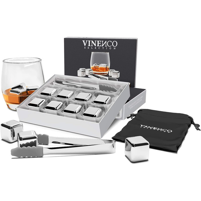 Набір кубиків льоду для віскі з нержавіючої сталі (8 шт.) - 12 шт. кубиків, щипці, мішечок, аксесуар для бару, коктейлів, джин