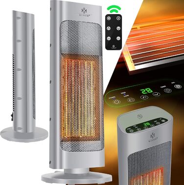 KESSER® Heater with Remote Control - Energy-Saving, Quiet, 2000W Ceramic Heater, Standing Heater, 15-30°C - Quick Heater with 80° Oscillation Function, 24h Timer, Tower Heater, Black