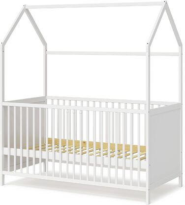 Bellabino Nika Babybett in House Style 70 x 140 cm, crib and house bed for children and babies made of solid pine wood in white, 3-fold height adjustable including slatted frame