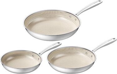 Набір сковорідок Redchef з антипригарним покриттям Ceramic, 3 шт., 20+26+30 см (чорний), 20+24+28 см (бежевий). Без PFOA, PTFE, PFAS. Можна мити в посудомийній машині та використовувати в духовці.