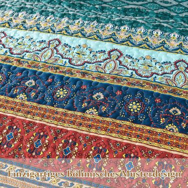 WONGS BEDDING Bedspread 220x240 Bed Cover Bohemian Quilt Steppdecke 3-Piece Double Bed Quilted Bedspread Microfiber Throw Blanket with 2 Pillowcases 50x70 for Bedroom as Sofa Cover (Bohemian) (200x220 cm, Brown Green)
