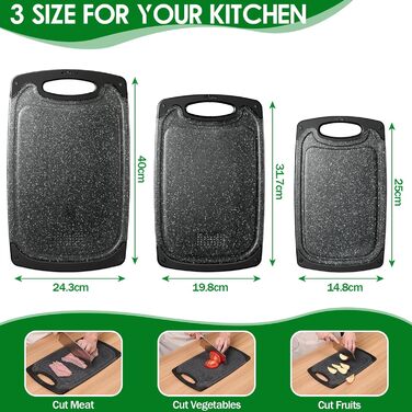 Набір дощок для нарізання з пластику з імітацією мармуру, з жолобками для соку та неслизькими ручками, 3 шт., BPA-Free, мармур, професійні, придатні для миття в посудомийній машині