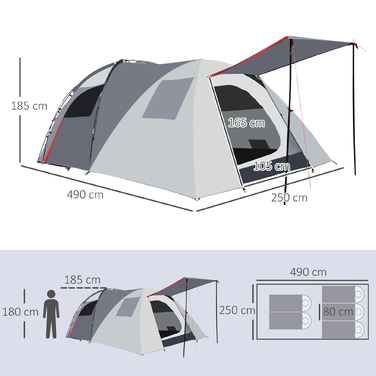 Outsunny 5-Person Tent - Tunnel Tent with Bedroom, Carry Bag, 2000mm Water Column, Mesh Windows, Grey | Aosom