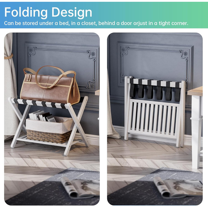 SMIBUY Luggage Rack, Folding Bamboo Suitcase Stand with Storage Shelves for Guest Room, Bedroom, Hotel, Heavy Duty (White)