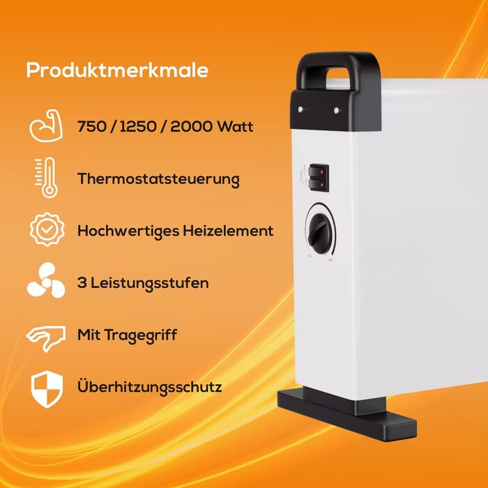Електричний конвекторний обігрівач Tronitechnik® KH-101 2kW з 3 режимами нагріву, таймером та термостатом, мобільний, енергозберігаючий