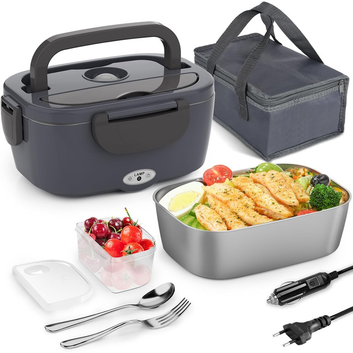 Електрична ланчбокс Carsolt 80W 1,5L з 3 функціями (нагрівання, термобокс, ланчбокс) для авто, офісу та дому. Висока якість, сірий колір, 12V/24V/230V, знімний контейнер. Безпечна від протікання.
