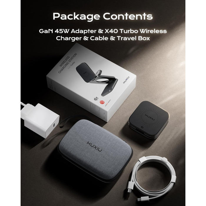 Зарядна станція KU XIU X40 Turbo Qi2.2 25W 3-в-1 для iPhone 17/16/15/14/13/12, Apple Watch та AirPods, складна бездротова зарядка, алюмінієвий адаптер GaN 45W (Чорний)