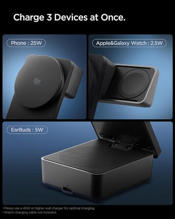 Зарядна станція Spigen Essential Qi2.2 25W 3-в-1 MagSafe для iPhone 17/16 Pro Max, Pixel 10 Pro, AirPods, Samsung Galaxy S26 Ultra - Чорна + USB-C кабель 2м