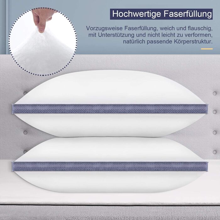 BedStory Pillow 40x80, 2-Pack 40x80 Pillows, 2x850g 100% Microfiber, Supportive, Breathable Sleeping Pillow, Suitable for Side Sleepers, Back Sleepers, and Stomach Sleepers, White 2 Pieces (1 Pack) White+Blue