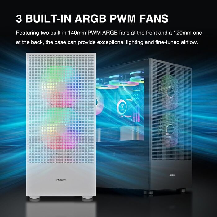 Корпус для ігрового ПК Gamdias Talos E3 Mesh Elite WH, ATX Mid-Tower, 3 x 120 мм ARGB вентилятори, сітчаста передня панель, скляна бічна панель, білий