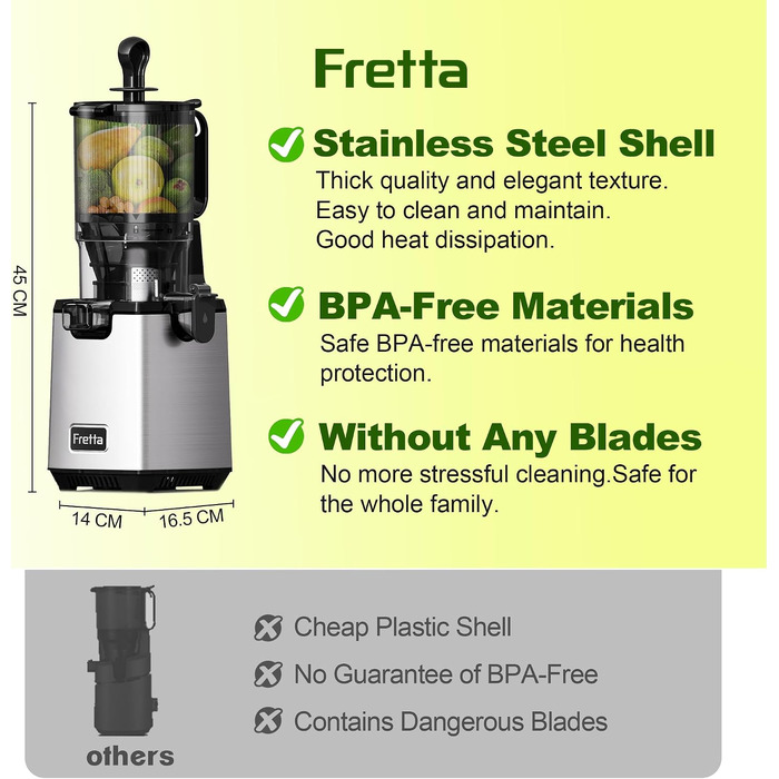 Повільна соковижималка Fretta Slow Juicer з нержавіючої сталі для овочів та фруктів, Metallic