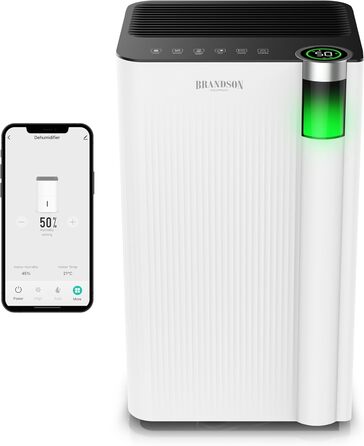 Електричний осушувач повітря Brandson з компресором, 12 літрів, Wi-Fi, з додатком, таймер, відвід води через шланг, захист від замерзання, білий