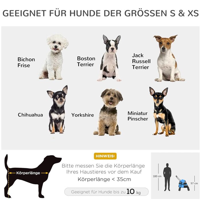 PawHut Візок для собак та котів, блакитний, до 10 кг, з подушкою та сітковими вікнами