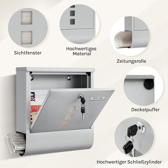 Поштовий ящик WOLTU з газетницею та оглядовим вікном, персоналізований, настінний, з замком та 2 ключами, сірий, 37x37x10.5 см