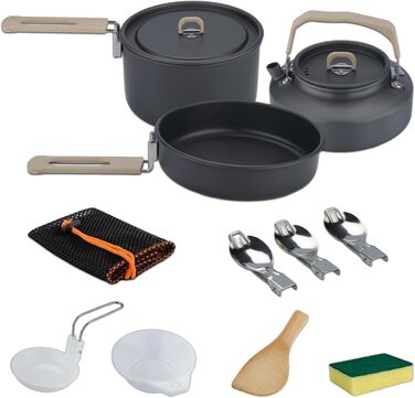 Набір посуду для кемпінгу ISFORU на 2-3 особи, 13 предметів: антипригарні каструлі та сковорідки, посуд для приготування їжі з котелком, пластикові миски та аксесуари. Компактний набір для пікніків, походів та кемпінгу.