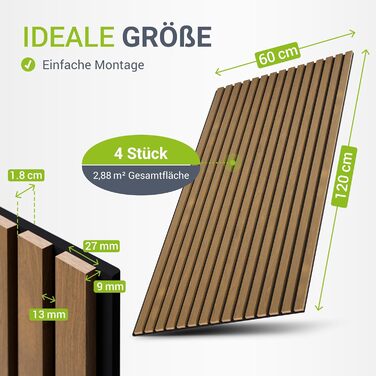 Акустичні панелі Juskys для стін, набір 4 шт (2,88 м²), 120x60 см, шумопоглинаючі декоративні панелі від луна та шуму, колір: Дуб (Темний натуральний дуб)