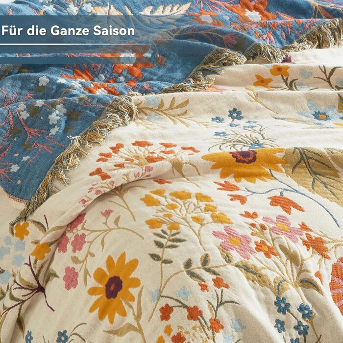 Богемна ковдра Boho 100% бавовна, м'яка ковдра з мусліну, плед 150x200 см, ковдра на диван та ліжко, декоративна ковдра, літня ковдра для вітальні, зелено-бежева (200 x 230 см, квітковий сад)