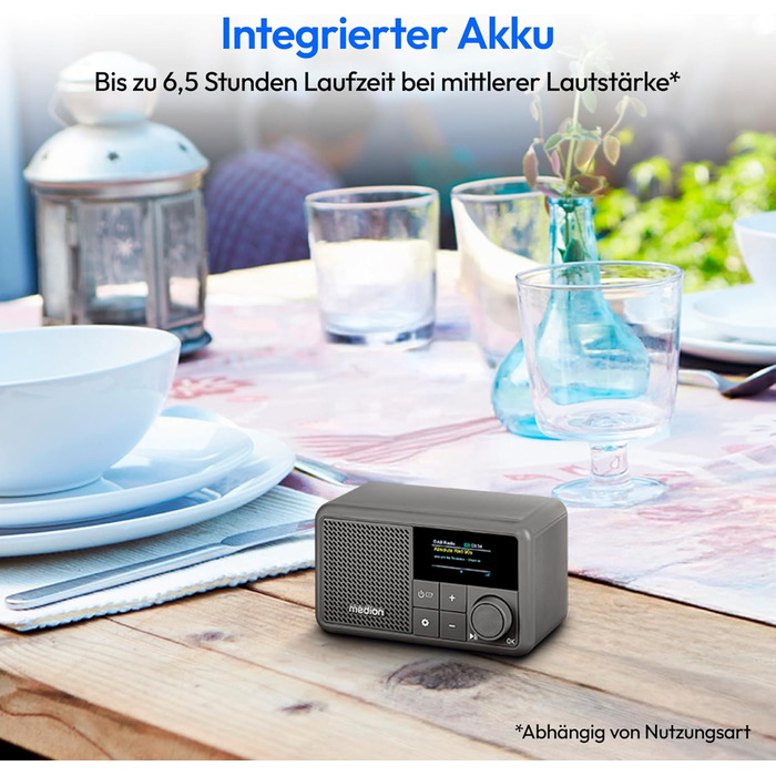 MEDION S66822 Портативне міні-радіо DAB+ з Bluetooth, акумулятор (до 6,5 годин), дисплей, телескопічна антена, таймер сну, будильник, AUX, USB-C, зелений (сірий)