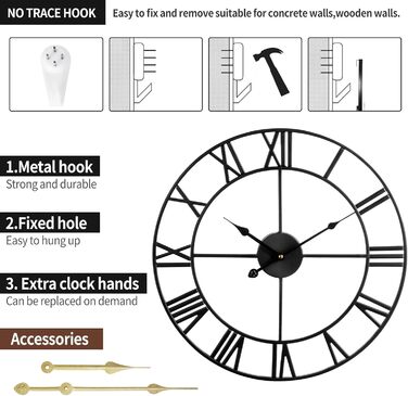 Mee 2ou Wall Clock Modern Nearly Silent Without Ticking - 40cm Diameter Roman Numeral Wall Clocks Modern Living Room Wall Clock Vintage For Bedroom Kitchen Office Country Style Industrial Style