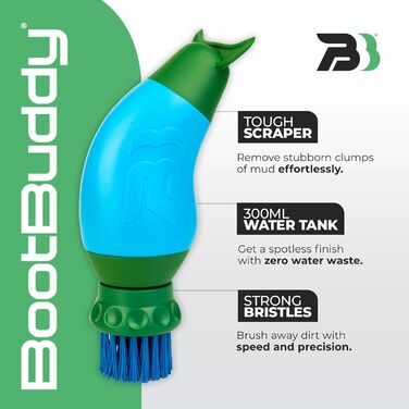The Boot Buddy: Simple and efficient cleaning of dirty boots, shoes, and other outdoor gear. Cleans soccer, rugby, hiking boots, golf shoes, rain boots, and more in just minutes.