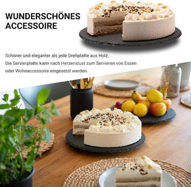 Rotating slate plate round, serving platter, cake plate, sausage plate, cheese plate. The slate cake plate with foot, serving platter, rotating turntable, tiered serving stand, decorative tray, table decoration.