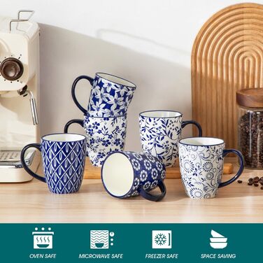 Набір кавових чашок з блюдцями Vancasso Cappuccino SELENE 6шт, 240мл, блакитно-білий вінтаж, порцеляна, для мікрохвильовки та посудомийної машини