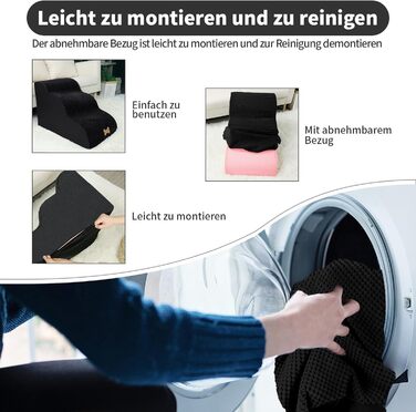 Non-slip Dog Stairs for Small Dogs 2-Step, Pet Stairs for Bed and Sofa made of High-Density Sponge, Dog Stairs Dog Ramp with Removable, Washable Cover and Non-Slip Bottom, 55x40x30cm (3 Steps Black Dog Stairs)