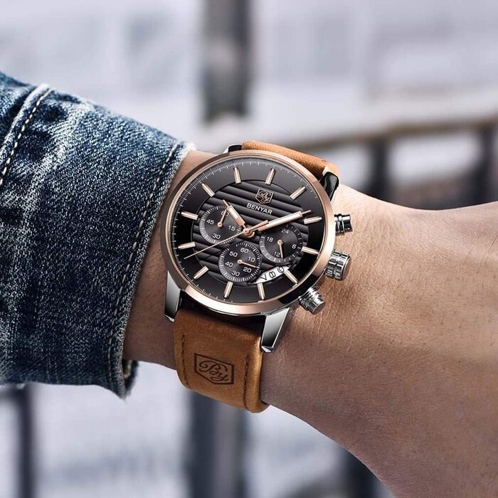 Годинник чоловічий Benyар з кварцовим механізмом, хронограф, водонепроникний, з нержавіючої сталі, стильний аксесуар для бізнесу, спорту та відпочинку (колір: коричневий, золотий, чорний)