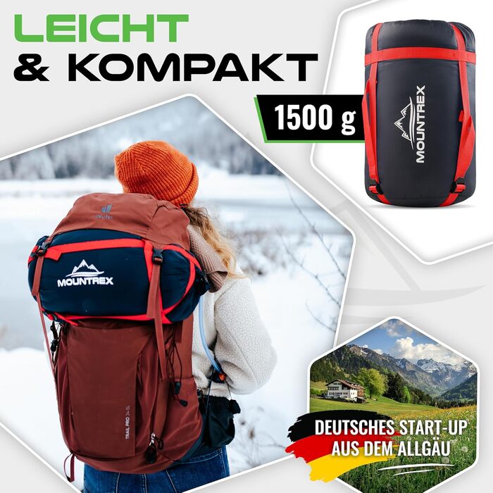 Сплячий мішок MOUNTREX® - компактний та ультралегкий (760г/1500г) - Outdoor (100GSM) / 3-4 сезони (300GSM) - Мумієвидний спальний мішок – кемпінг, подорожі, фестивалі – теплий та з'єднуваний (Темно-синій/Червоний)