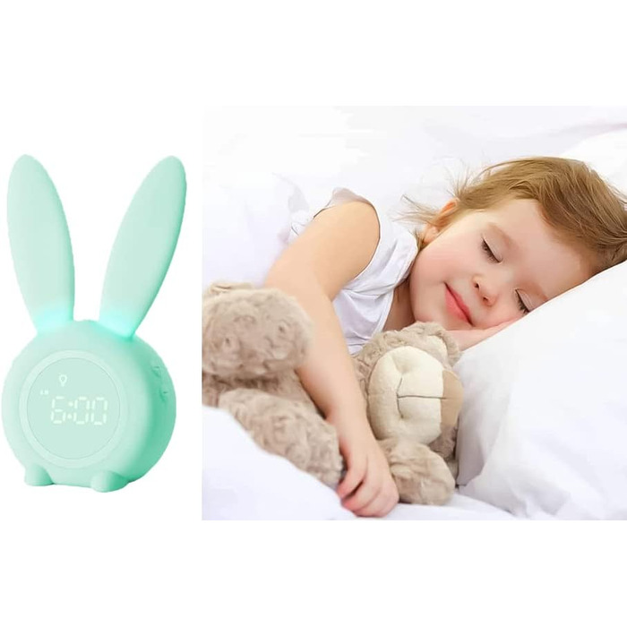 Gentle Light Alarm Clock Bunny Clock Children's Alarm Clock Rabbit Alarm Clock Wake Up Light Creative Lamp Bedside Lamp Night Light, Snooze Function, 6 Sound Options, Timed Night Light Green