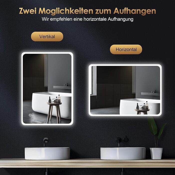 Дзеркало для ванної кімнати з підсвічуванням 70x50 см | LED дзеркало | IP54 вологостійке | Сенсорне управління | Настінне дзеркало | Горизонтальна/Вертикальна установка 6500K холодне біле світло