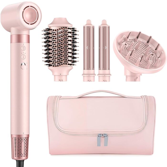 MESCOMB Airstyler 5-in-1: Іонний фен та мультистайлер для волосся з насадками. Швидке сушіння, локони, об'єм, випрямлення. Без пошкодження волосся. У комплекті сумка. Колір: пінк.