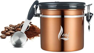Контейнер для кави з нержавіючої сталі 1000 мл – герметичний дизайн з мідним покриттям, клапан CO₂, індикатор дати та мірна ложка – для кавових зерен та меленої кави