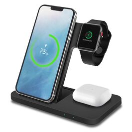 MMOBIEL Бездротова зарядна станція 3-в-1 для iPhone, Apple Watch та AirPods - 15W, Швидка бездротова зарядка, Чорний (Модель C)