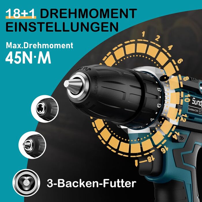 Акумуляторний шуруповерт Sundpey 21V з 2x2000mAh акумулятором, 45 Нм, 2 швидкості, 18+1 момент, патрон 10мм, набір 19шт для дому та DIY, блакитний