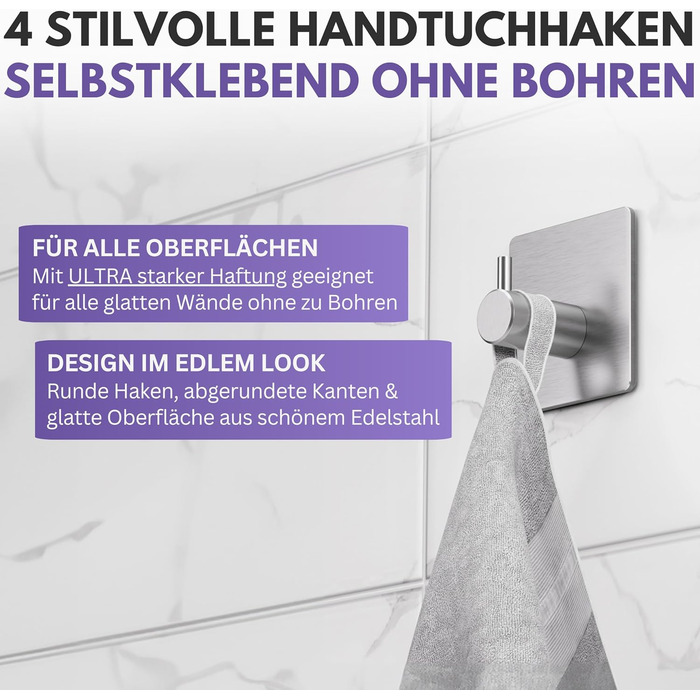 Набір гачків для рушників Filzada® (4 шт.) - не потребують свердління, нержавіюча сталь, 3M, водонепроникні, для ванної кімнати