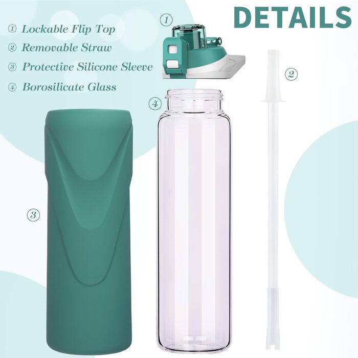 1 liter / 1l Drinking Bottle Glass with Straw BPA Free Glass Bottle with Silicone Sleeve Borosilicate Glass Water Bottle (Deep Green)