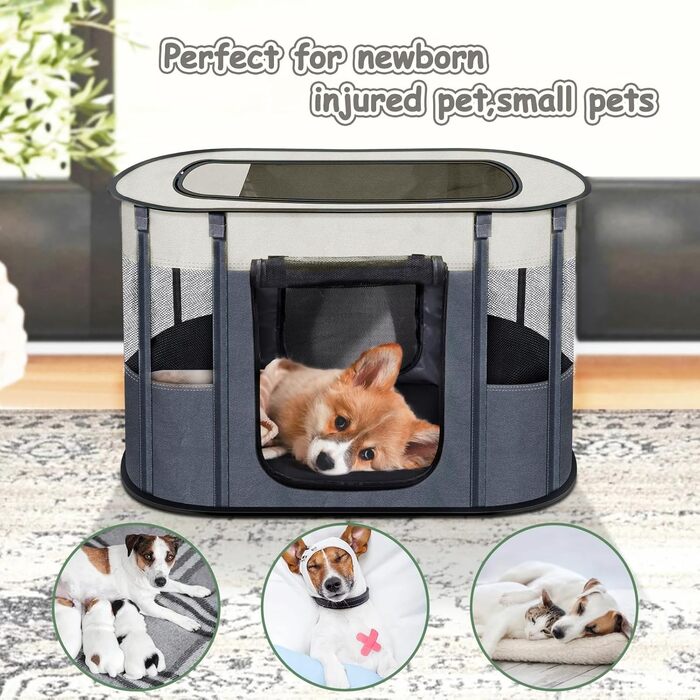 Portable Dog House Pet Pen 90x70x60cm Foldable Pet Playpen Rectangular Enclosure Kitten Cave Dog House Puppy Playpen Closed Pet Tent (Grey)