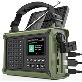 Радіоприймач Kurbelradio з DAB/DAB+/UKW, сонячною панеллю 8500 мм², акумулятором 12000 mAh та ручним генератором 650 mA. Радіо з Bluetooth 5.0, ліхтарик, зарядний пристрій USB, для кемпінгу та надзвичайних ситуацій (зелений)