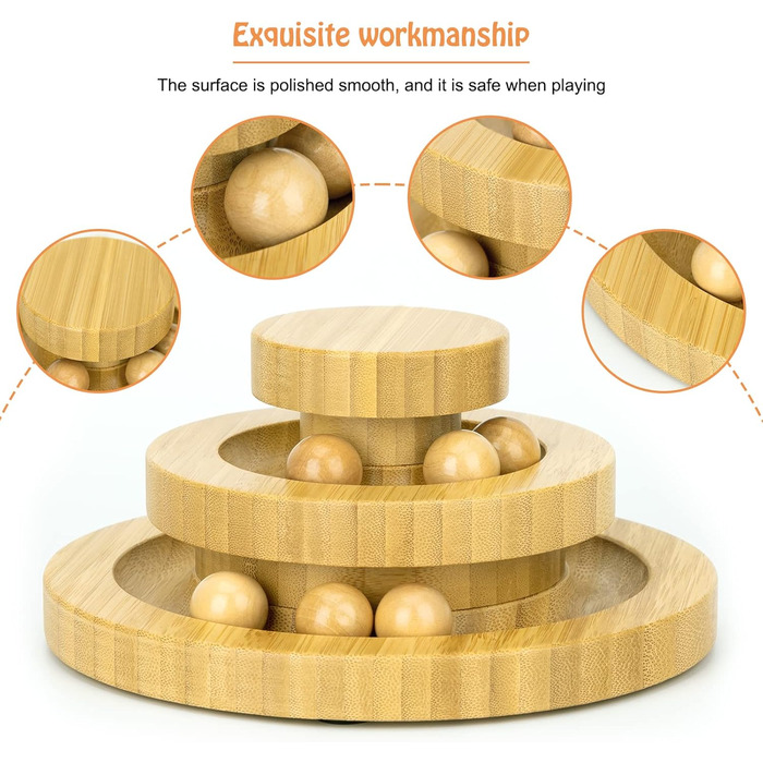 Cat toy self-entertainment, interactive cat toy made of bamboo, THREE tiers, rotating, smart track ball, swing roller with bells (Bamboo turntable)